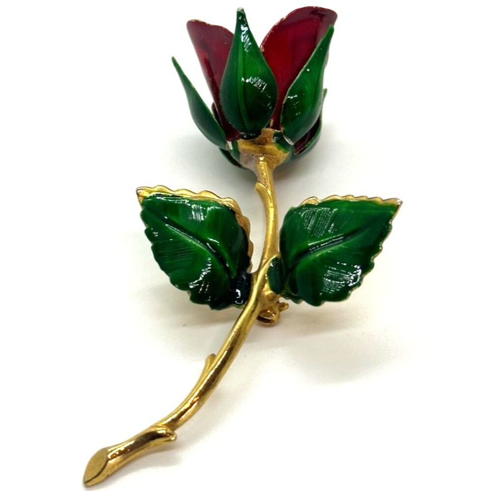 Vintage Giovanni Enamel Rose Brooch Red Green Gold Tone Signed 2.75”